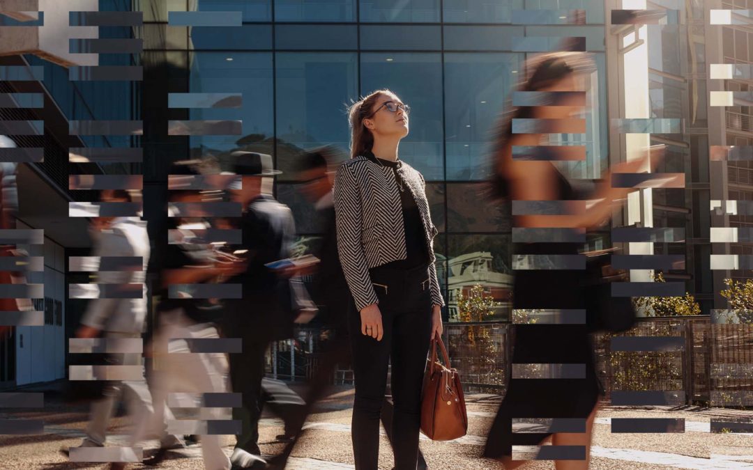 A woman paused in the rush of business around her with a graphic overlaw that demonstrates the technology used to reach her as a buyer